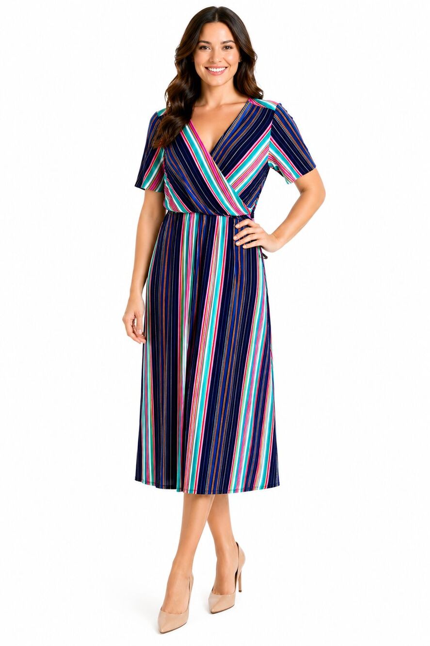 Chaus New York Striped Dress Women’s Large Short Sleeve MidiLength Retro Vibe